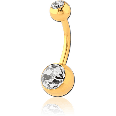 GOLD PVD COATED SURGICAL STEEL DOUBLE SWAROVSKI CRYSTALS JEWELLED NAVEL BANANA