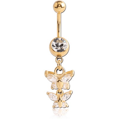 GOLD PVD COATED SURGICAL STEEL JEWELLED NAVEL BANANA WITH BUTTERFLY CHARM