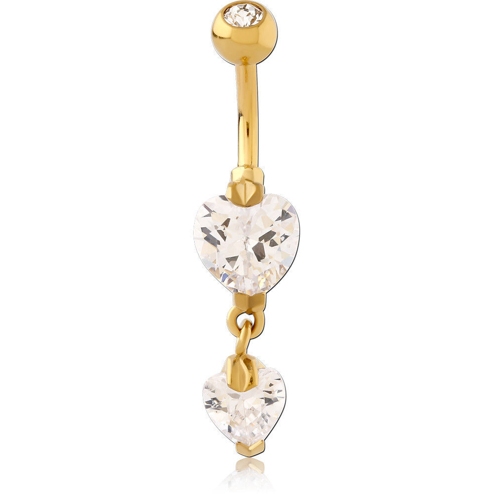 GOLD PVD COATED SURGICAL STEEL DOUBLE HEART CZ DOUBLE JEWELED DANGLE NAVEL BANANA