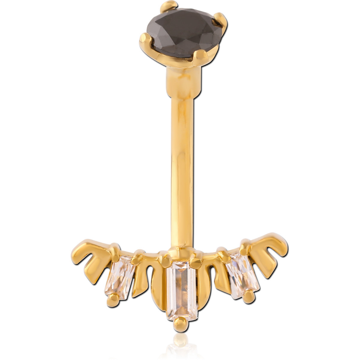 316L GOLD PVD COATED SURGICAL STEEL NAVEL BANANA BLACK GEM TOP WITH BAGUETTE GEM FAN
