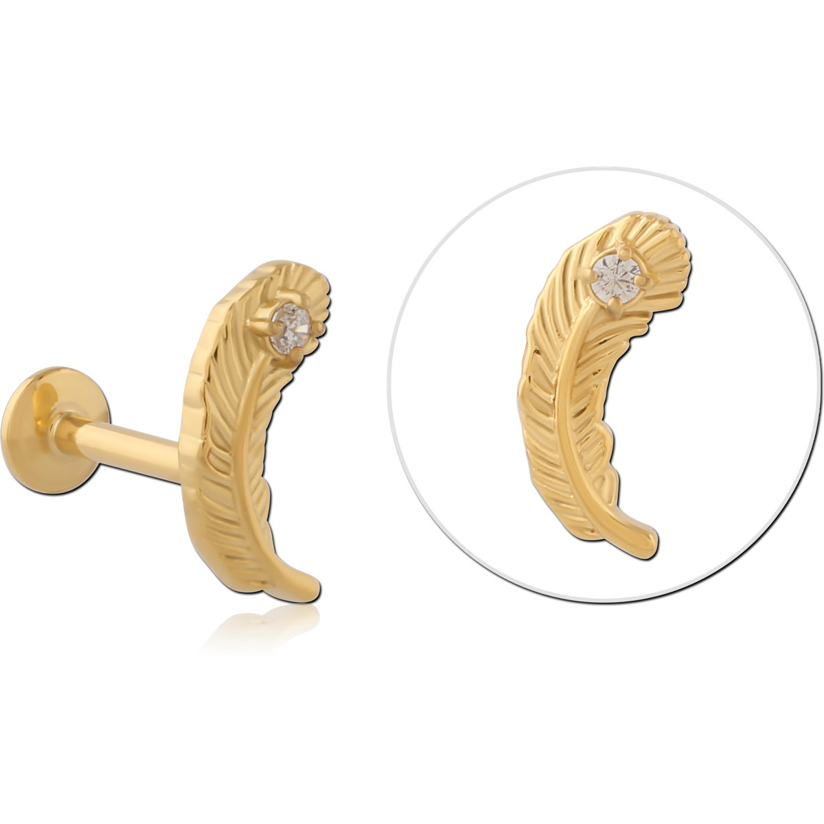 316L GOLD PVD COATED SURGICAL STEEL INTERNAL LABRET FEATHER SINGLE GEM