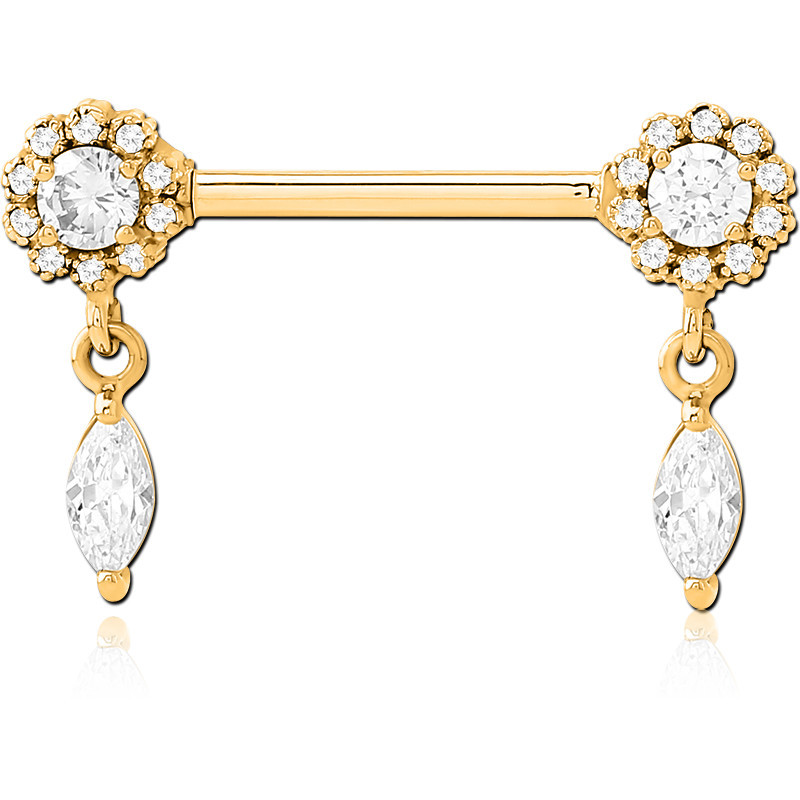 316L GOLD PVD COATED SURGICAL STEEL NIPPLE BARBELL HALO CLUSTER ENDS WITH MARQUISE GEM CHARMS