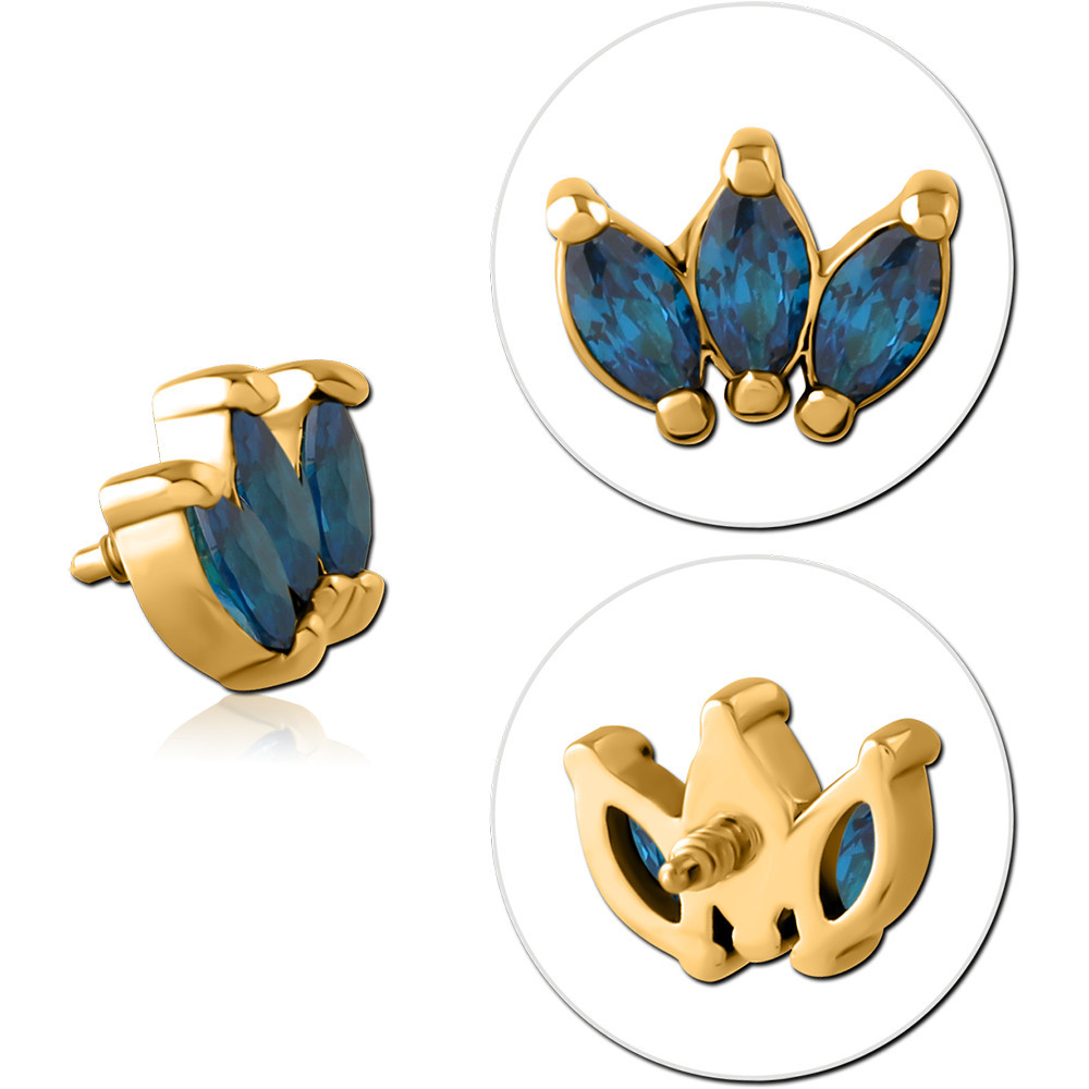 GOLD PVD COATED SURGICAL STEEL INTERNAL ATTACHMENT TRIPLE MARQUISE BLUE GEM CLUSTER