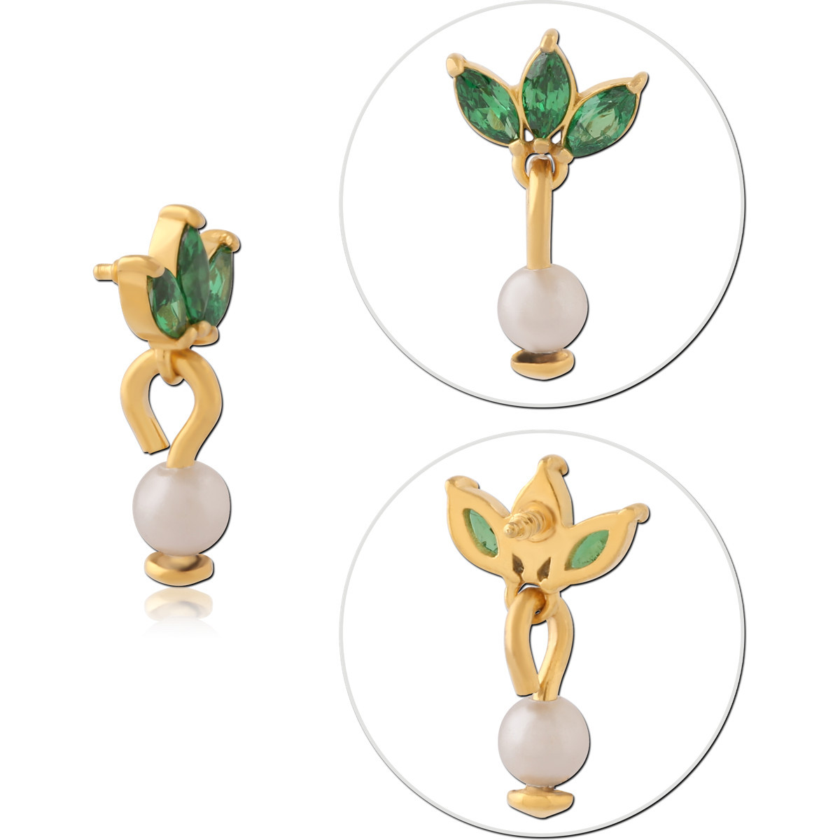 GOLD PVD COATED SURGICAL STEEL INTERNAL ATTACHMENT LEAF MARQUISE GEMS WITH WHITE BEAD CHARM