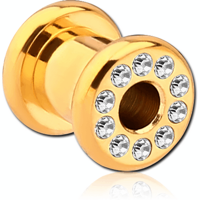GOLD PLATED SURGICAL STEEL JEWELED ROUND-EDGE THREADED TUNNEL