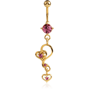 GOLD PLATED JEWELED DANGLE HEARTS FASHION NAVEL BANANA