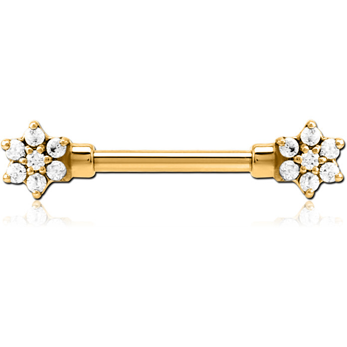 316L GOLD PVD COATED SURGICAL STEEL NIPPLE BARBELL STARBURST PRONG-SET GEM CLUSTER ENDS