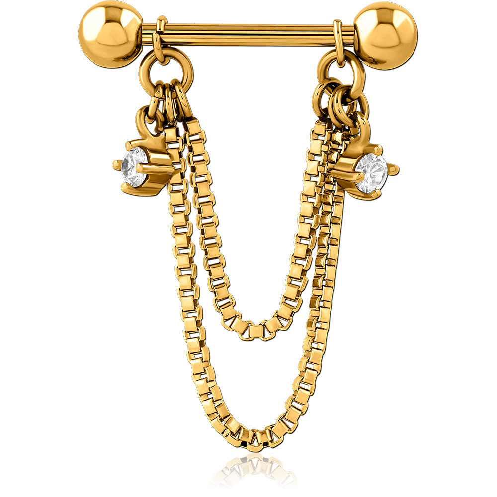 GOLD PVD COATED SURGICAL STEEL JEWELED NIPPLE BAR WITH CHAIN