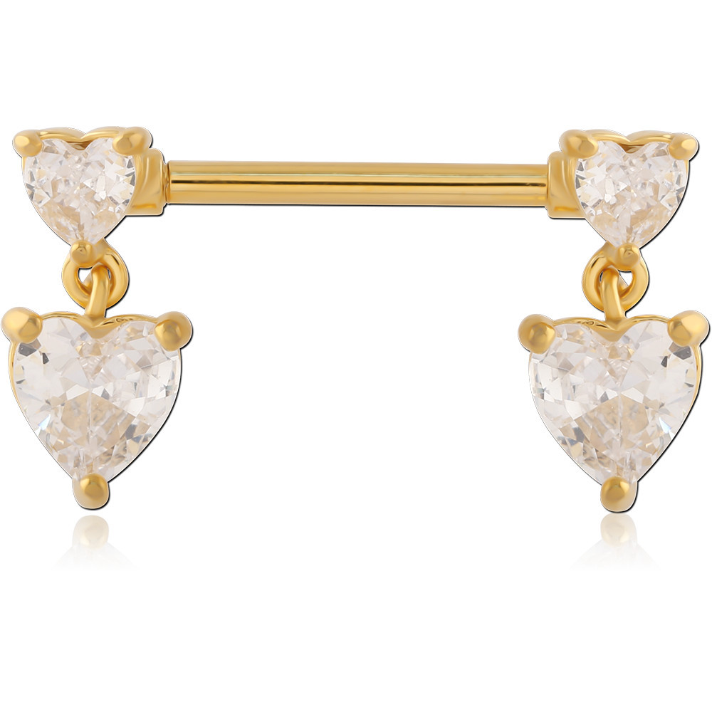 316L GOLD PVD COATED SURGICAL STEEL NIPPLE BARBELL WITH HEART GEM DANGLES