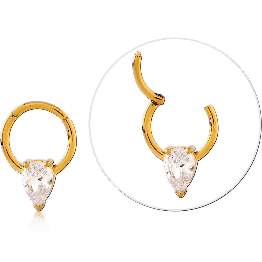 GOLD PVD COATED SURGICAL STEEL HINGE SEGMENT RING PEAR CUT GEM