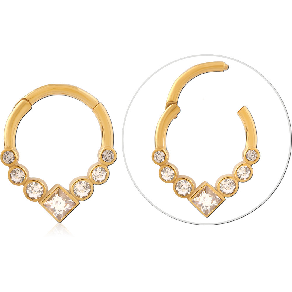 GOLD PVD COATED SURGICAL STEEL HINGED SEGMENT RING GRADUATED GEMS SQUARE CENTER