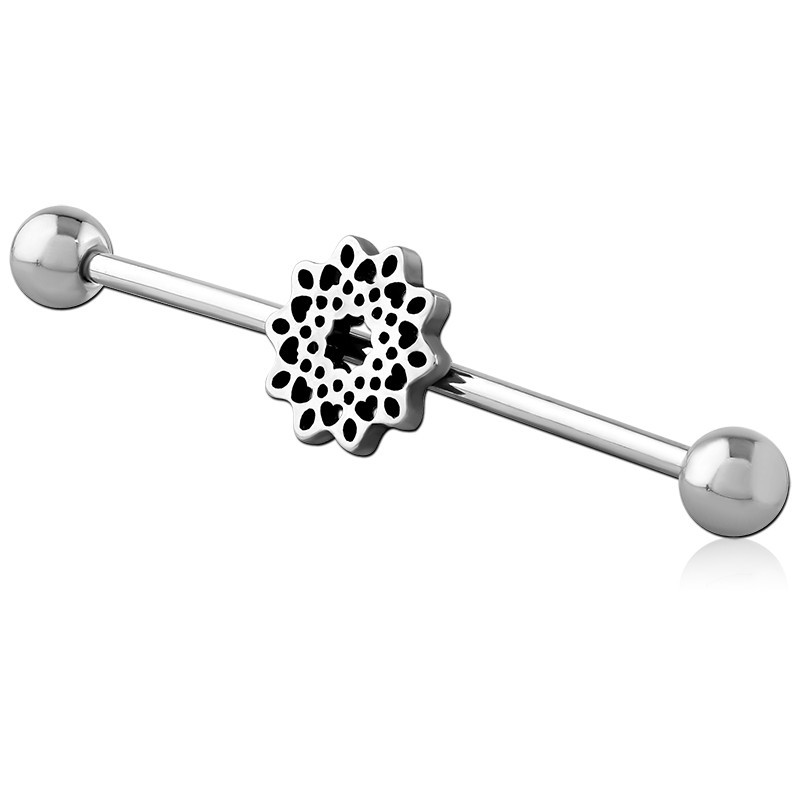 316L SURGICAL STEEL INDUSTRIAL BARBELL MANDALA FLOWER CUTOUT CENTERPIECE DESIGN