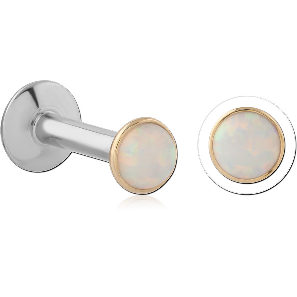 14K GOLD ROUND SYNTHETIC OPAL JEWELED ATTACHMENT WITH SURGICAL STEEL INTERNALLY THREADED LABRET PIN