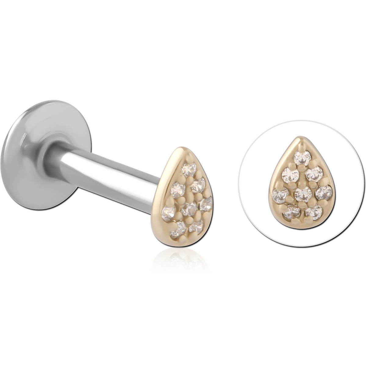 14K YELLOW GOLD TEARDROP TOP WITH SURGICAL STEEL INTERNAL LABRET PAVE GEMS