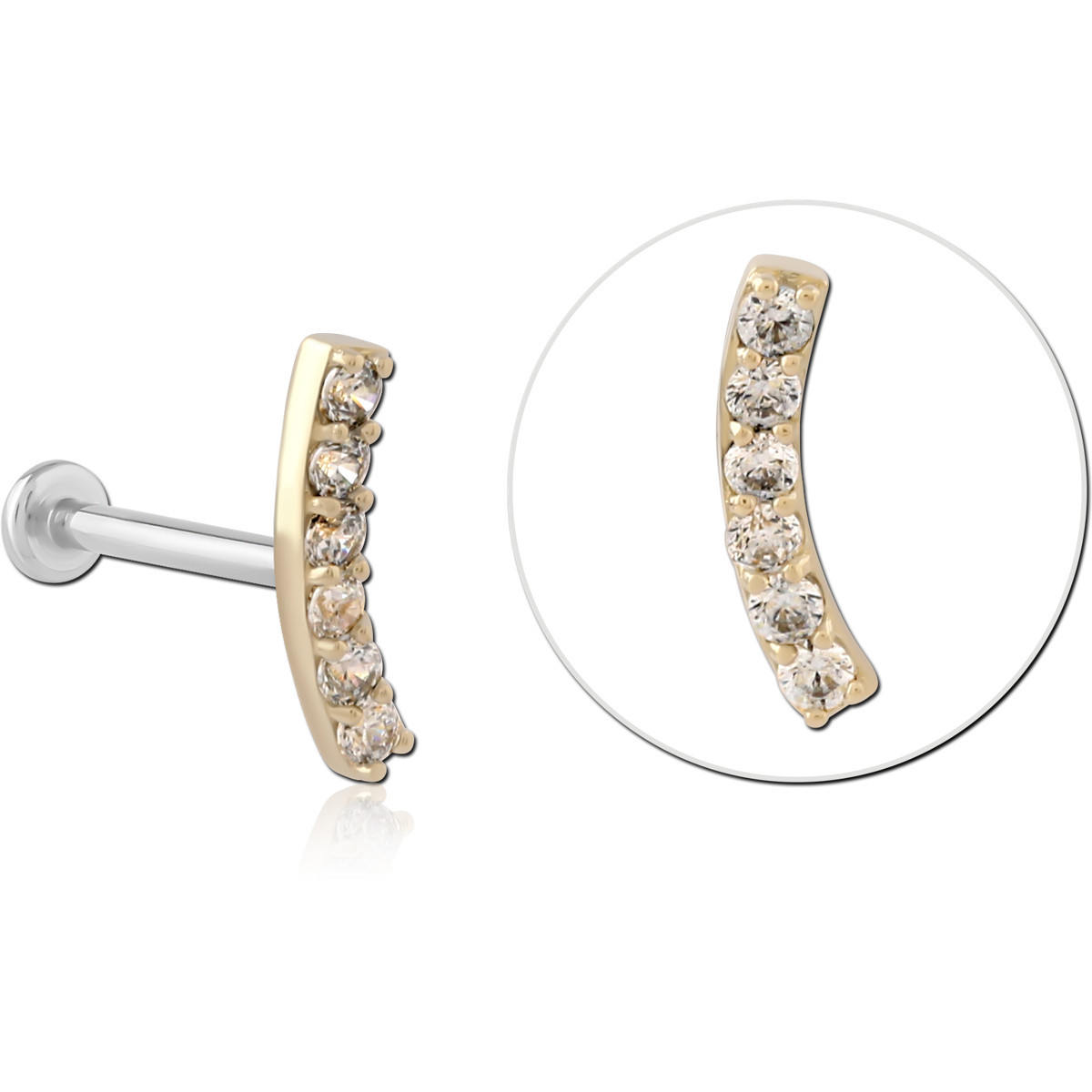 14K YELLOW GOLD TOP WITH SURGICAL STEEL INTERNAL LABRET CURVED BAR GEMS
