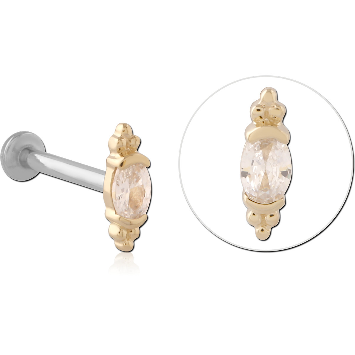 14K YELLOW GOLD INTERNAL ATTACHMENT MARQUISE GEM BEADED ACCENTS MICRO LABRET PIN