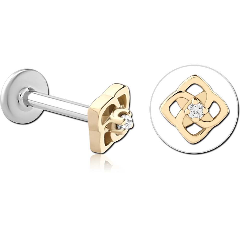 14K YELLOW GOLD TOP WITH SURGICAL STEEL INTERNAL LABRET OPENWORK SQUARE DESIGN SINGLE GEM