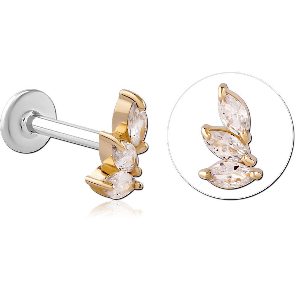 14K YELLOW GOLD TOP WITH SURGICAL STEEL INTERNAL LABRET TRIPLE MARQUISE CLEAR GEMS LEFT
