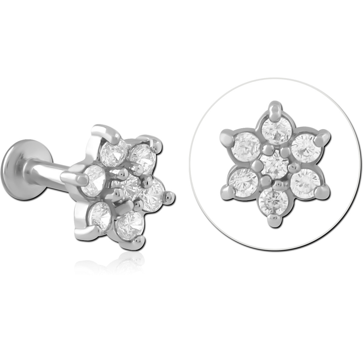 316L SURGICAL STEEL INTERNAL LABRET SIX PETAL FLOWER CLUSTER GEM