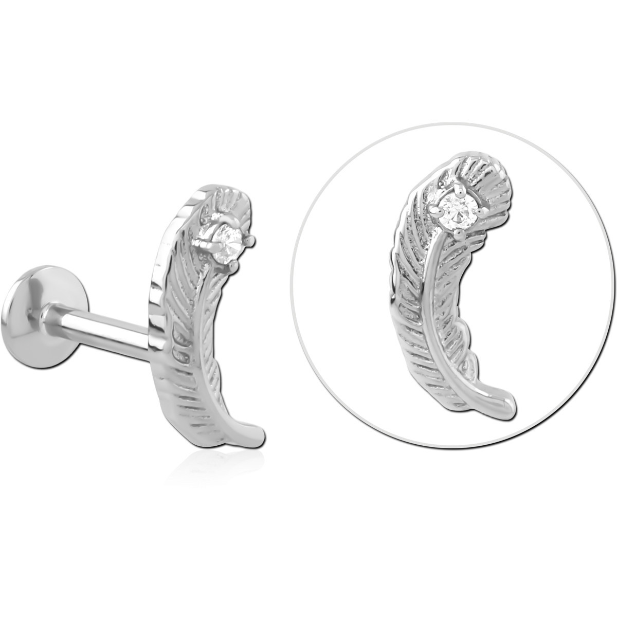316L SURGICAL STEEL INTERNAL LABRET FEATHER WITH CLEAR GEM