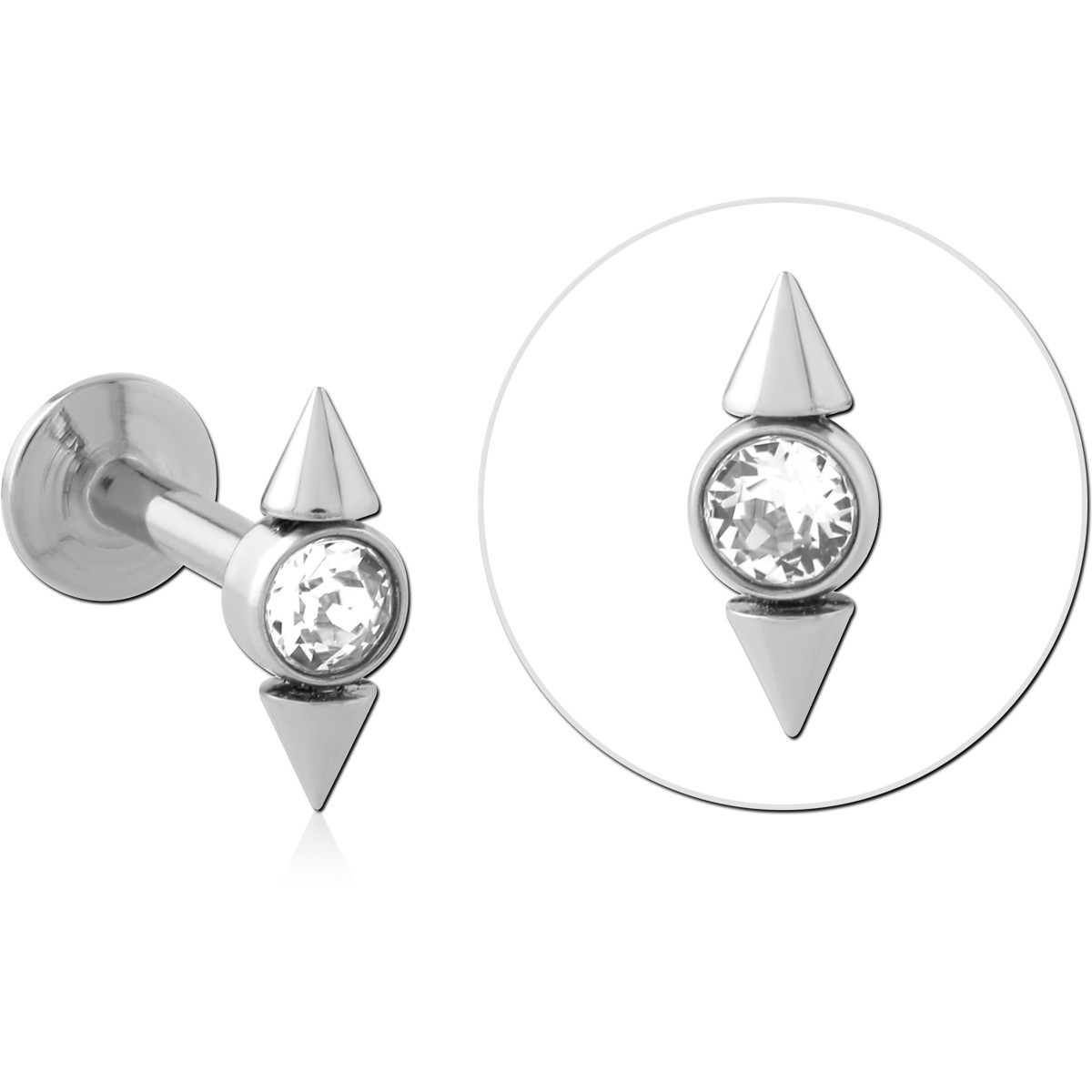 SURGICAL STEEL LABRET BEZEL CLEAR GEM WITH DOUBLE SPIKE ACCENTS