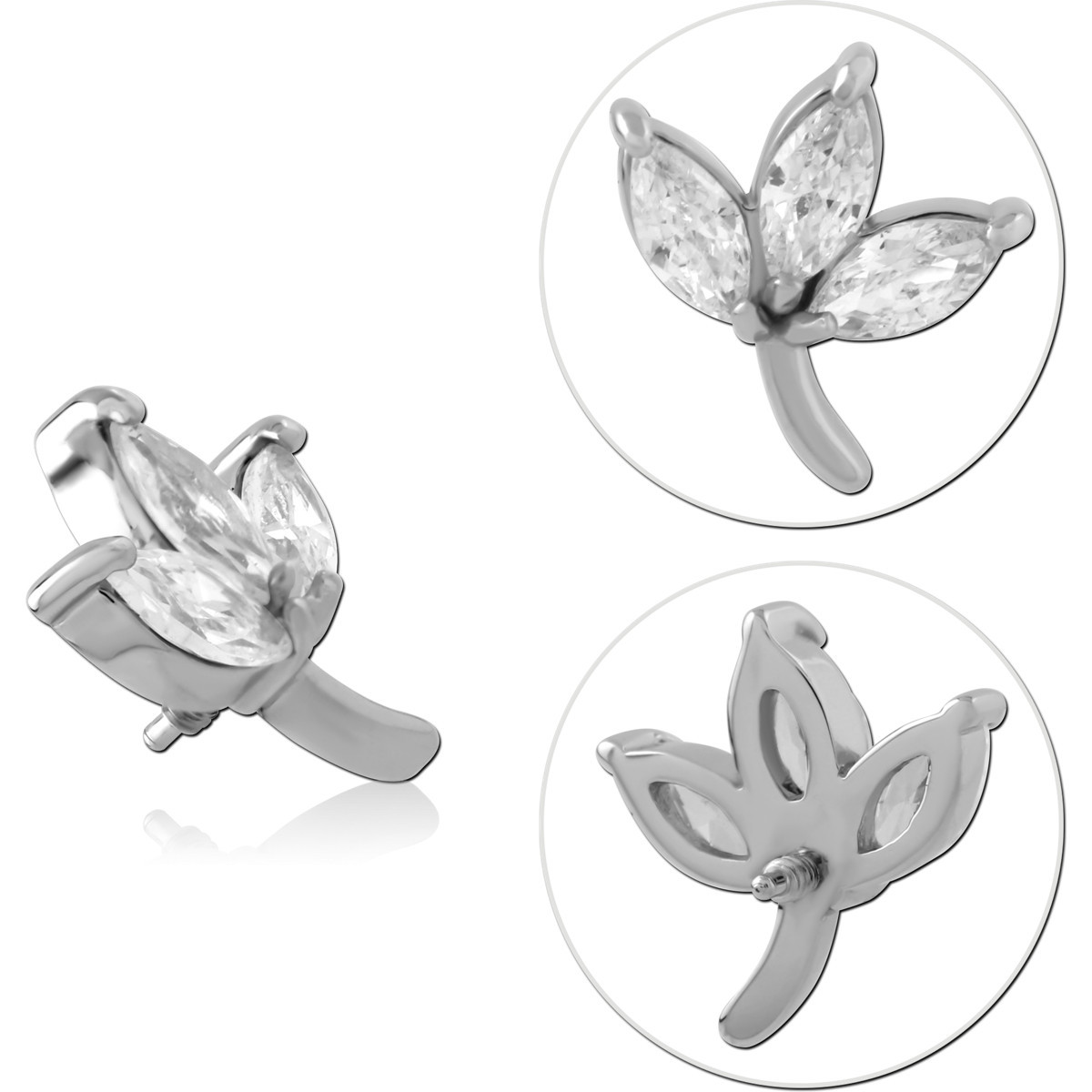 316L SURGICAL STEEL INTERNAL THREADED ATTACHMENT TRIPLE MARQUISE LEAF CLEAR GEM