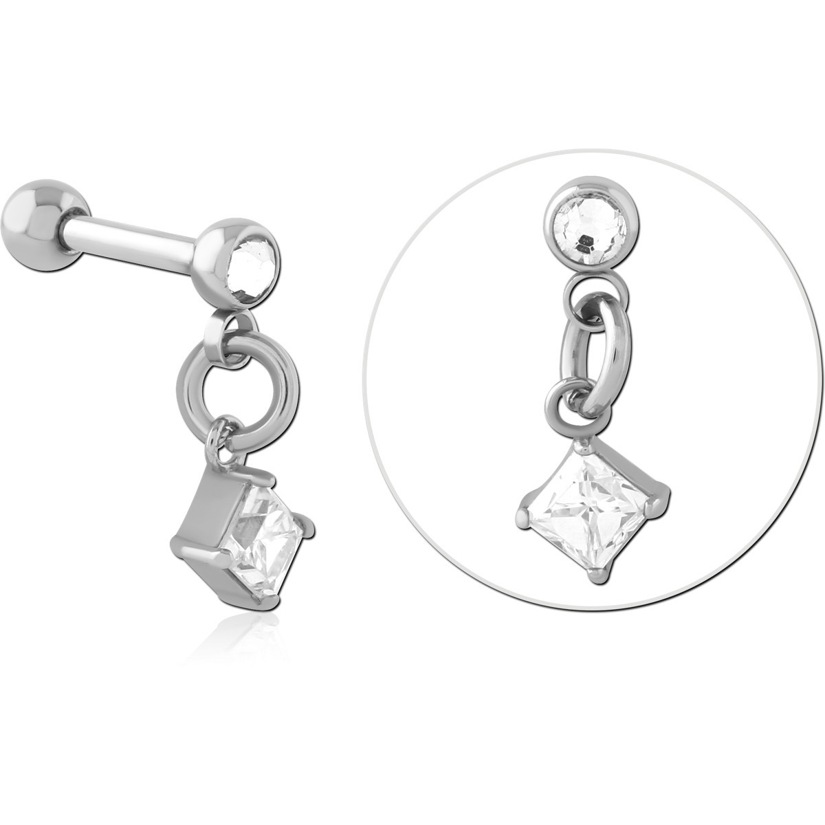 316L SURGICAL STEEL MICRO BARBELL CLEAR BEZEL-SET GEM WITH DIAMOND-SHAPE CHARM
