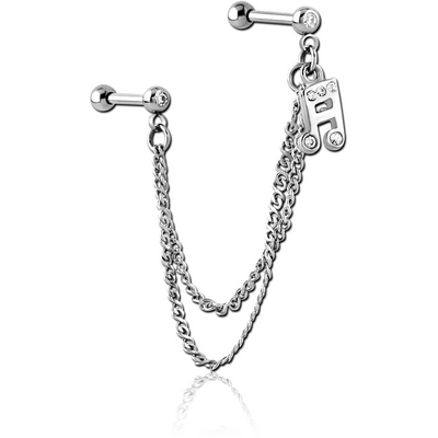 SURGICAL STEEL JEWELLED TRAGUS MICRO BARBELLS CHAIN LINKED - MUSIC NOTE