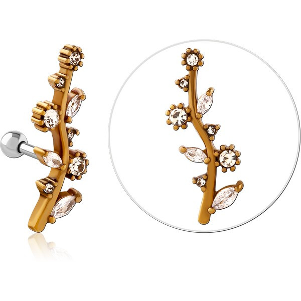 SURGICAL STEEL JEWELED TRAGUS ANTIQUE BRASS PVD COATED MICRO BARBELL