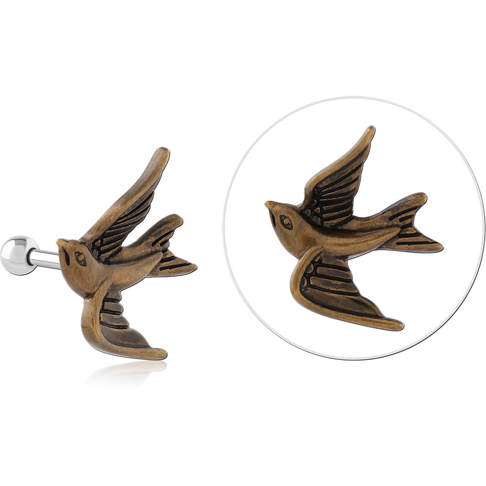 SURGICAL STEEL TRAGUS ANTIQUE BRASS PVD COATED MICRO BARBELL- SWALLOW BIRD
