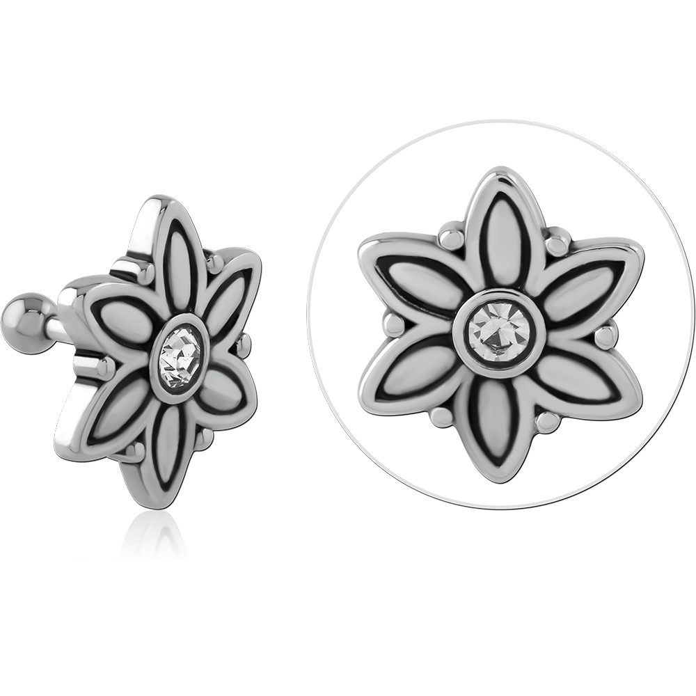SURGICAL STEEL MICRO BARBELL FLOWER WITH OUTLINED PETALS AND CENTER GEM