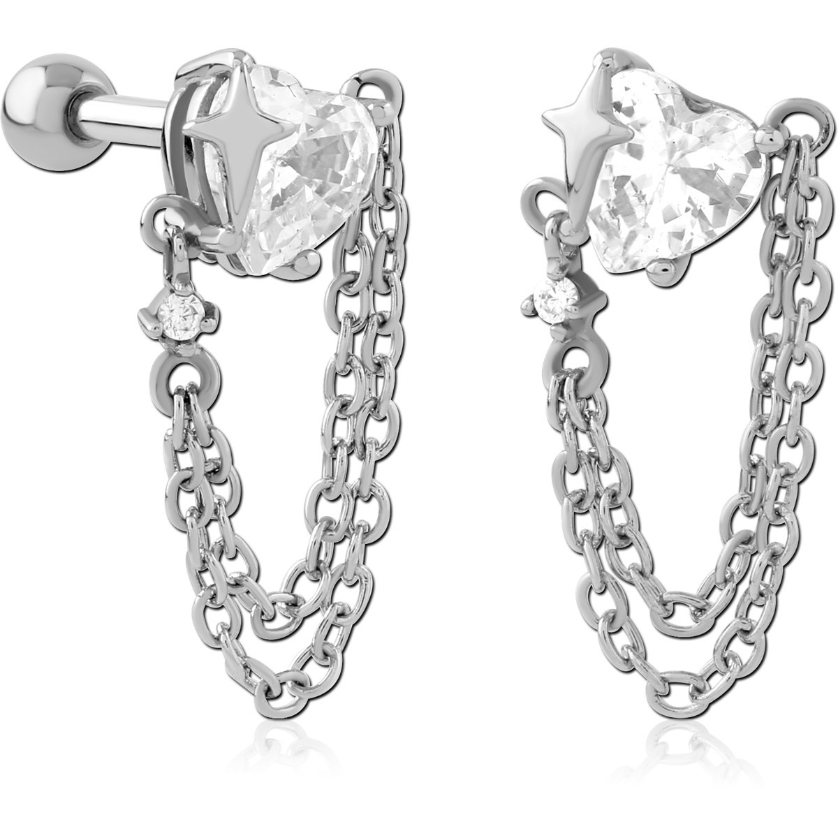 316L SURGICAL STEEL TRAGUS BARBELL HEART GEM WITH STAR AND DOUBLE CHAIN CHARMS