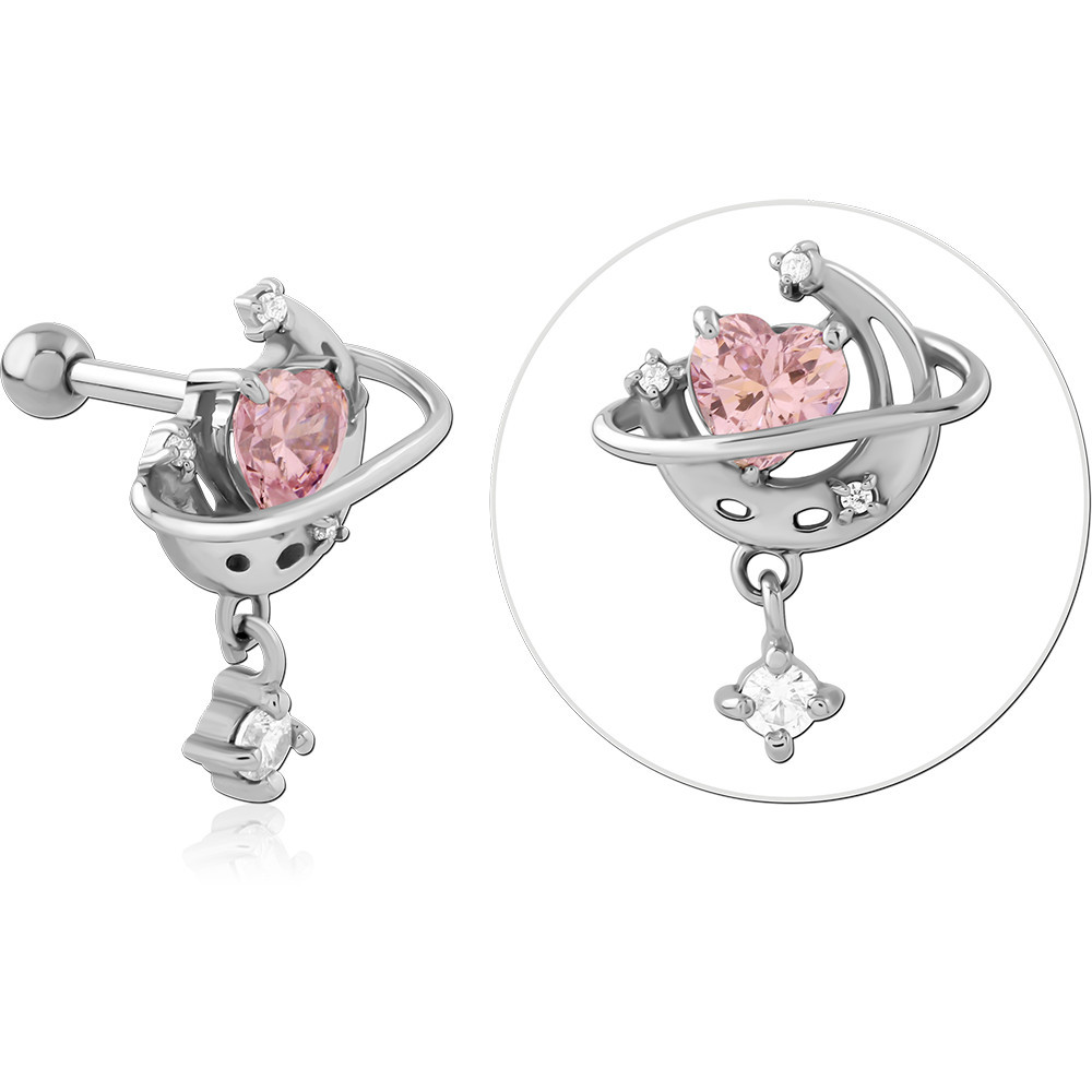 316L SURGICAL STEEL TRAGUS BARBELL PINK HEART GEM PLANET WITH DANGLE CHARM