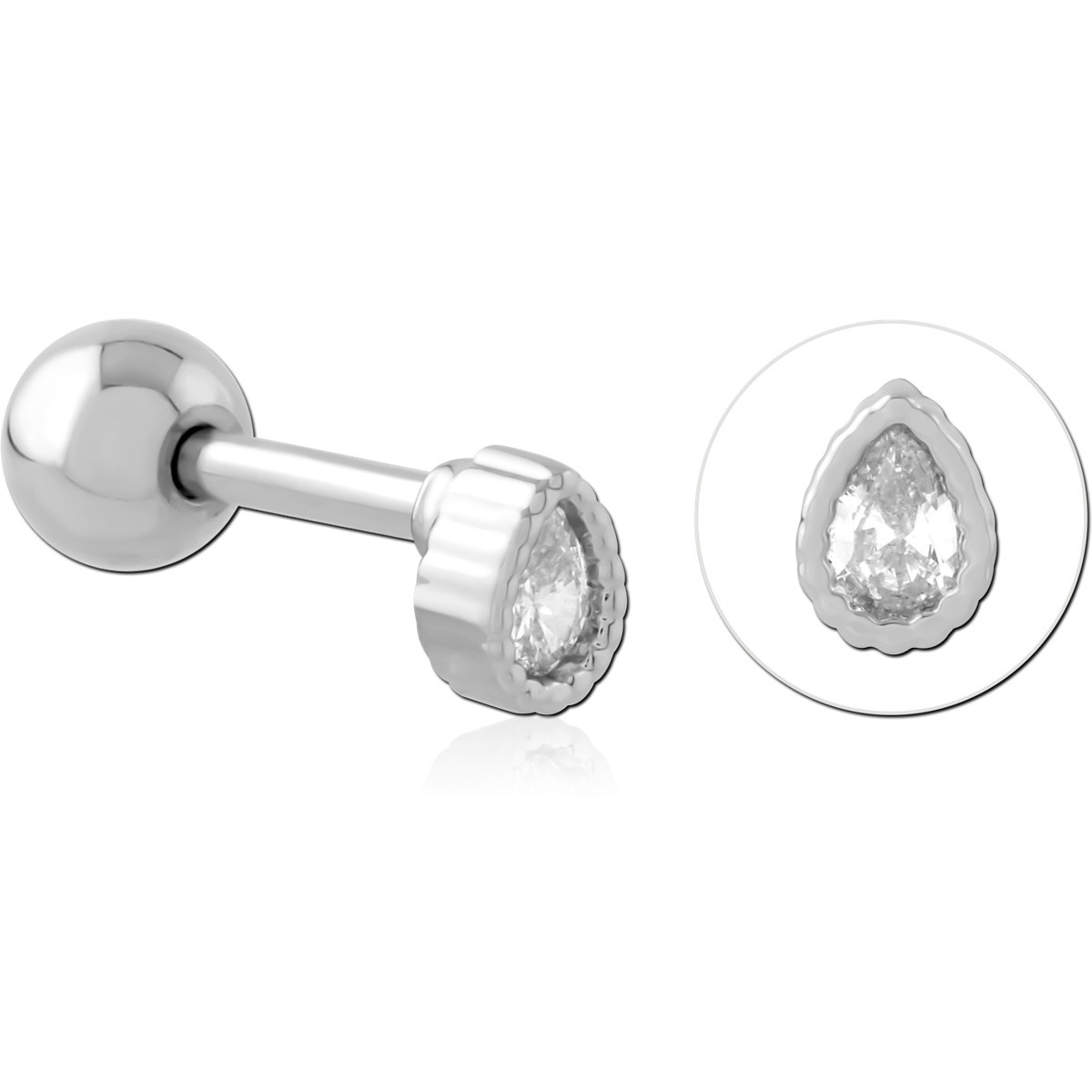 316L SURGICAL STEEL BARBELL PEAR BEZEL SET CLEAR GEM SCALLOPED RIM