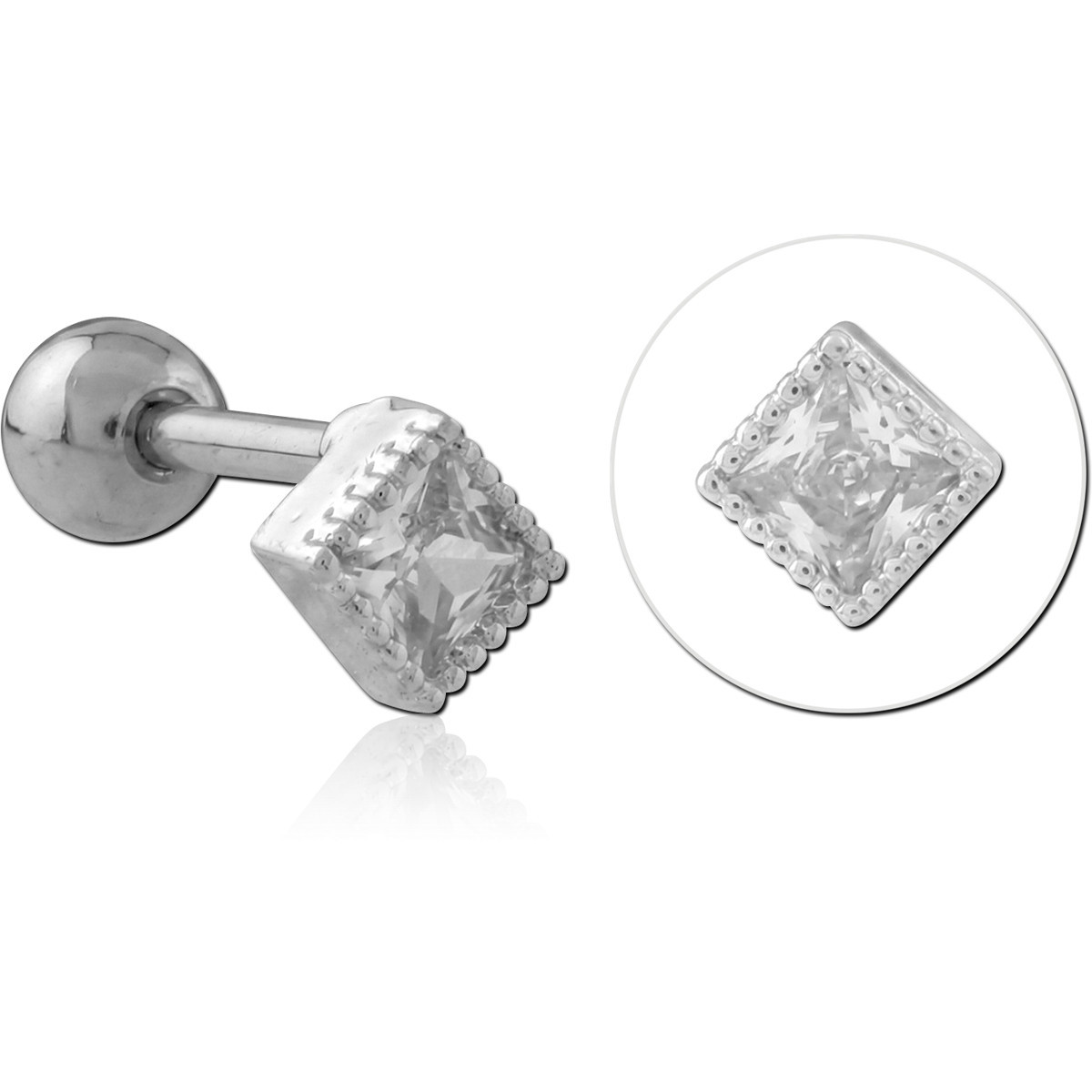 316L SURGICAL STEEL BARBELL SQUARE PRINCESS CUT CLEAR GEM BEADED BORDER