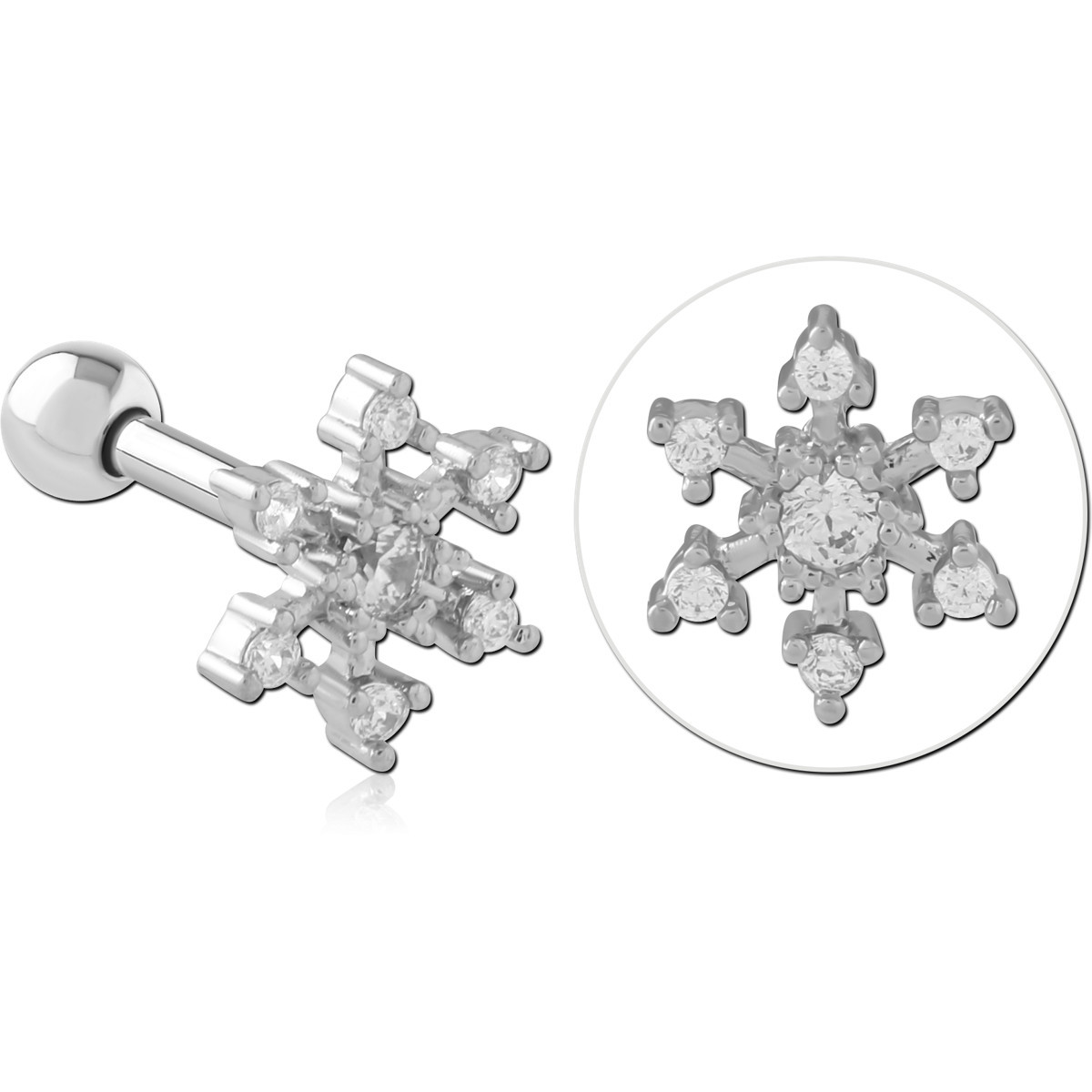 316L SURGICAL STEEL BARBELL SNOWFLAKE CLEAR GEM CLUSTER STARBURST DESIGN