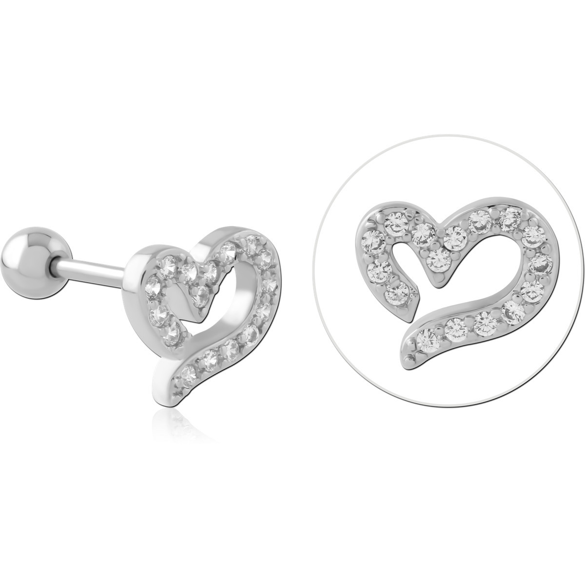 316L SURGICAL STEEL BARBELL PAVE GEM OPEN HEART SWIRL OUTLINE DESIGN