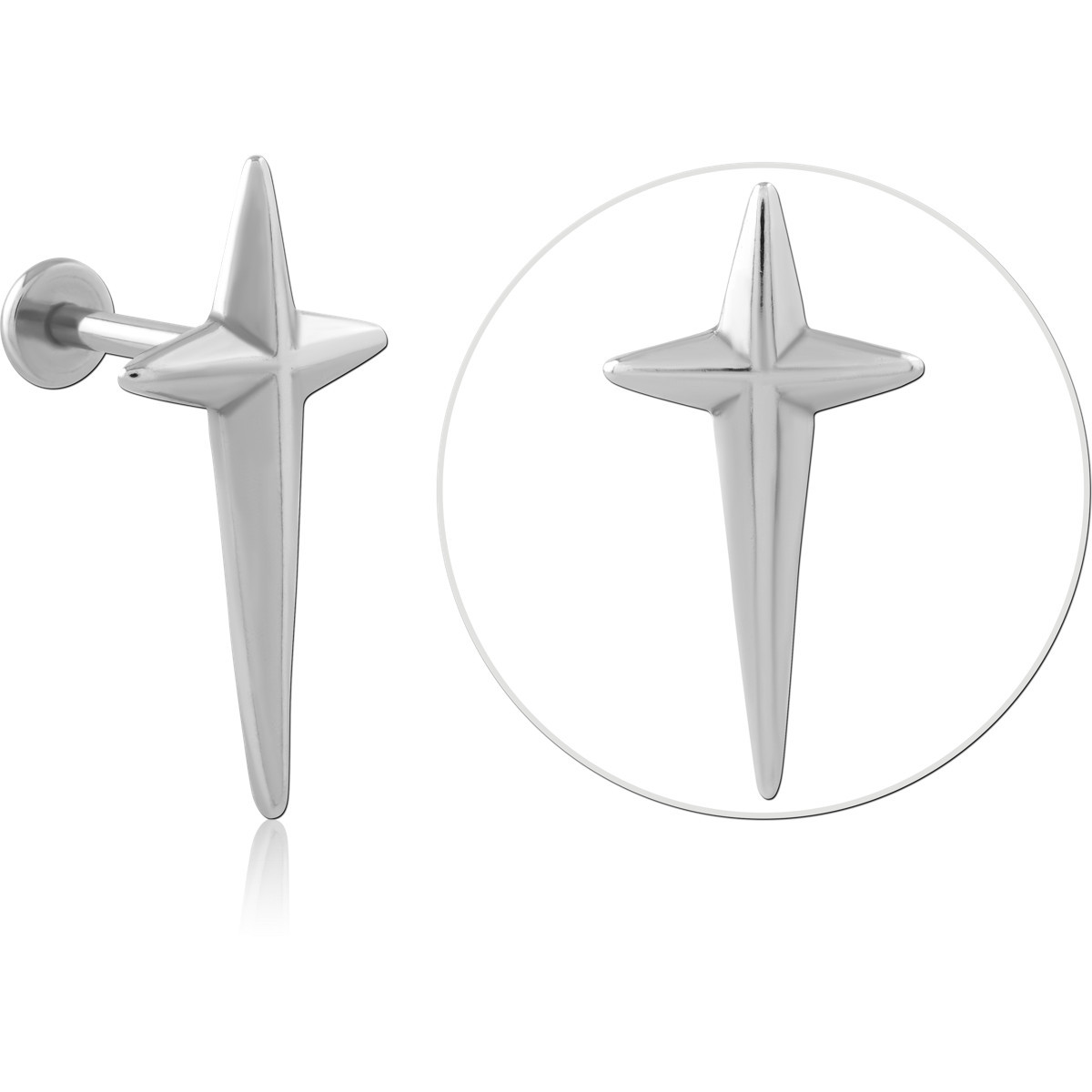 316L SURGICAL STEEL LABRET ELONGATED CROSS STARBURST POLISHED DESIGN CARTILAGE STUD