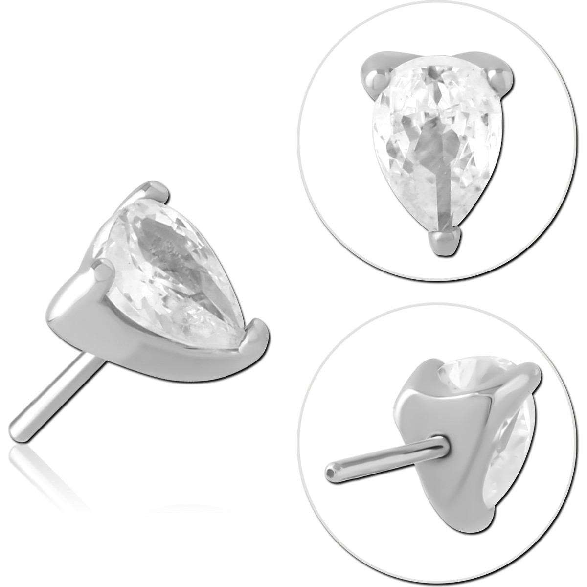 316L SURGICAL STEEL THREADLESS TOP PEAR CUT CLEAR GEM PRONG SET