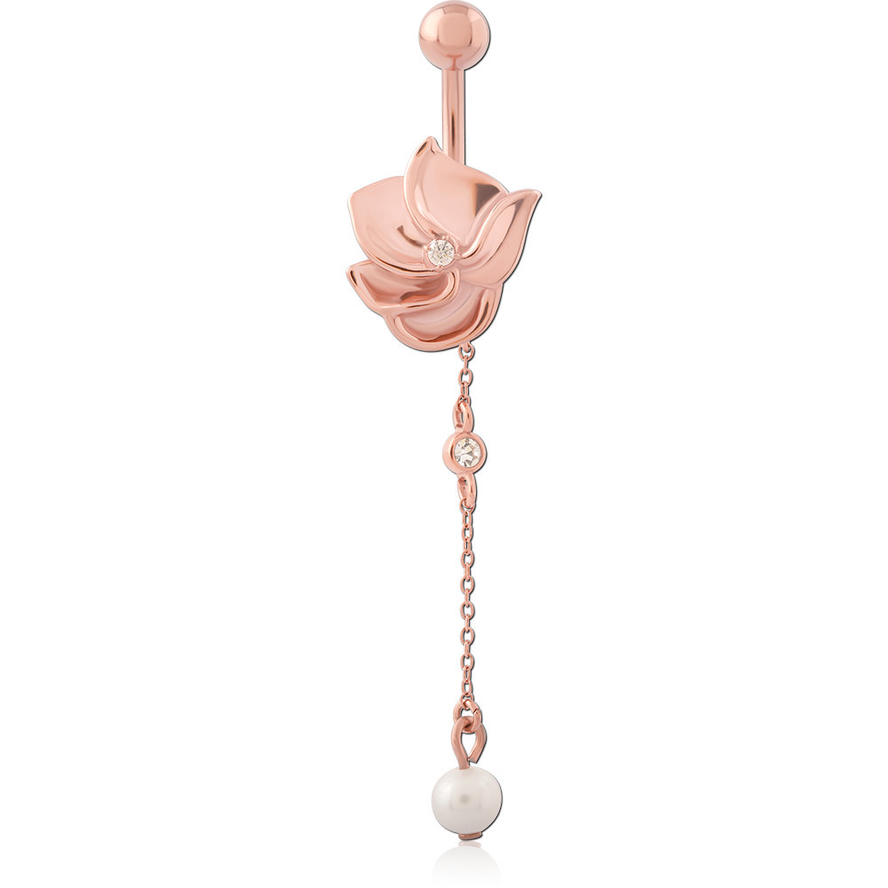 ROSE GOLD PVD COATED SURGICAL STEEL NAVEL BANANA FLOWER WITH CHAIN AND PEARL CHARMS