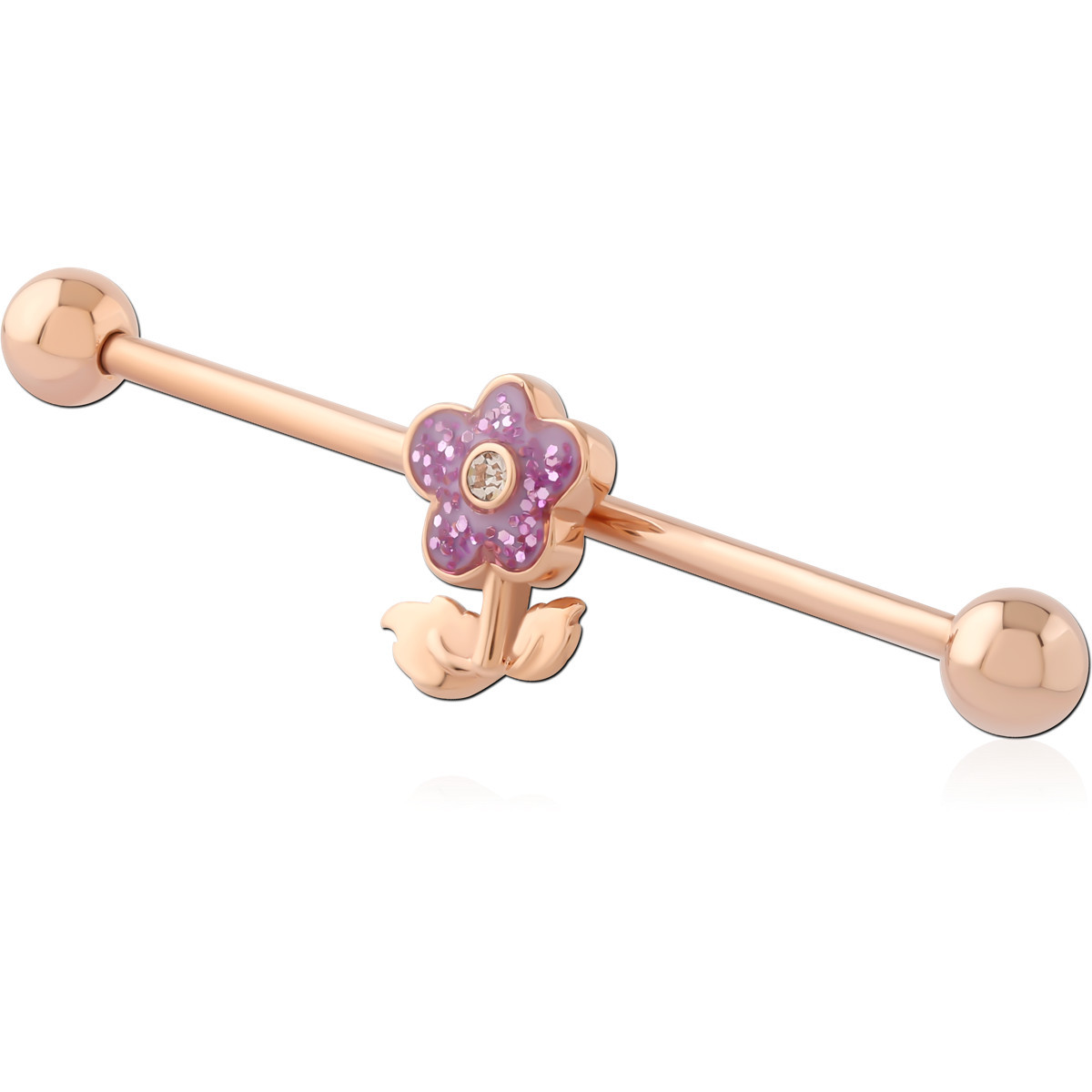 316L ROSE GOLD PVD COATED SURGICAL STEEL INDUSTRIAL BARBELL WITH PURPLE FLOWER SLIDING CHARM