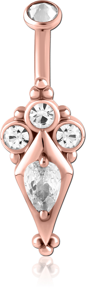 316L ROSE GOLD PVD COATED SURGICAL STEEL INTERNAL NAVEL BANANA DIAMOND FRAME PEAR GEM WITH TRIANGLE DANGLE