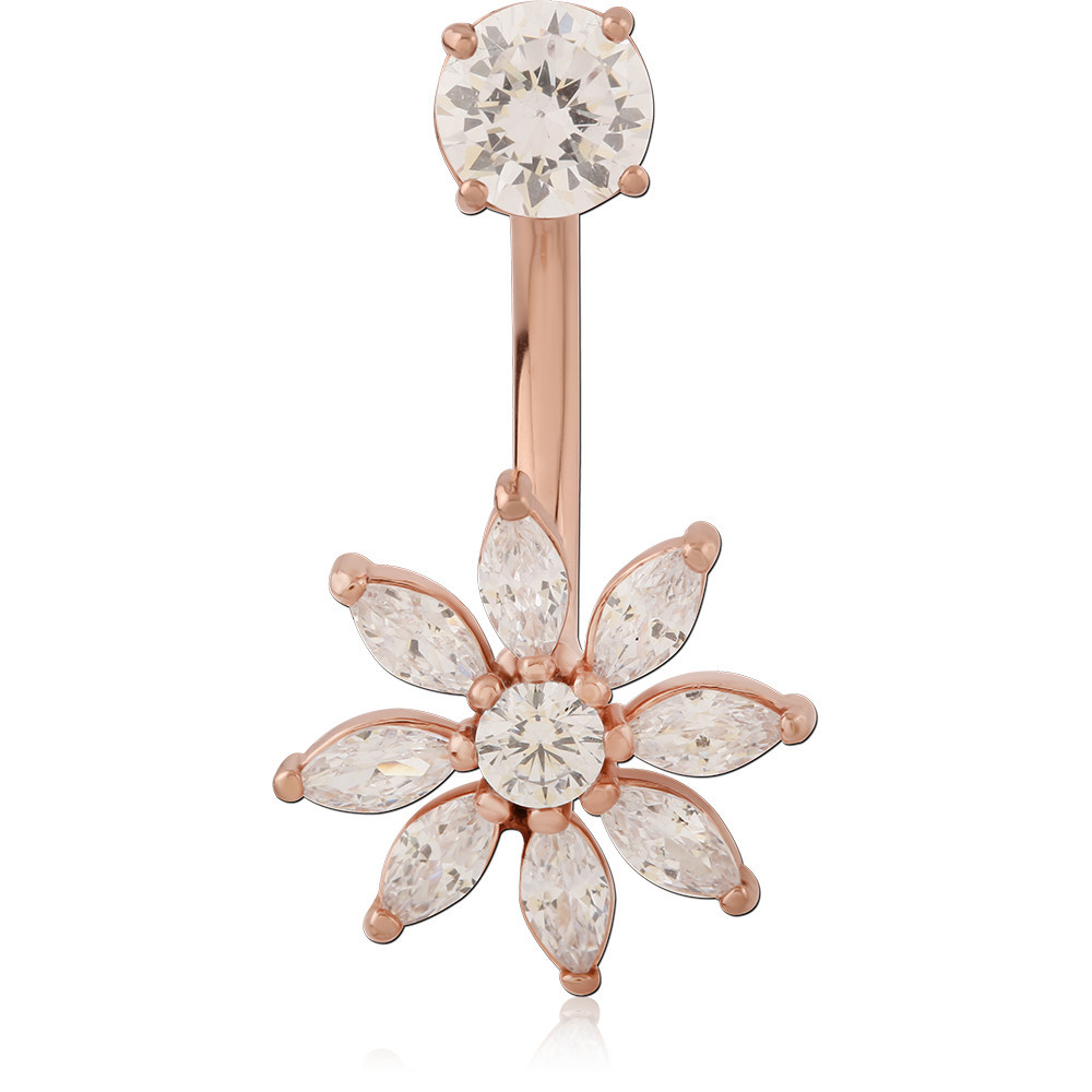 316L ROSE GOLD PVD COATED SURGICAL STEEL INTERNAL NAVEL BANANA MARQUISE STARBURST FLOWER WITH DROP DANGLE