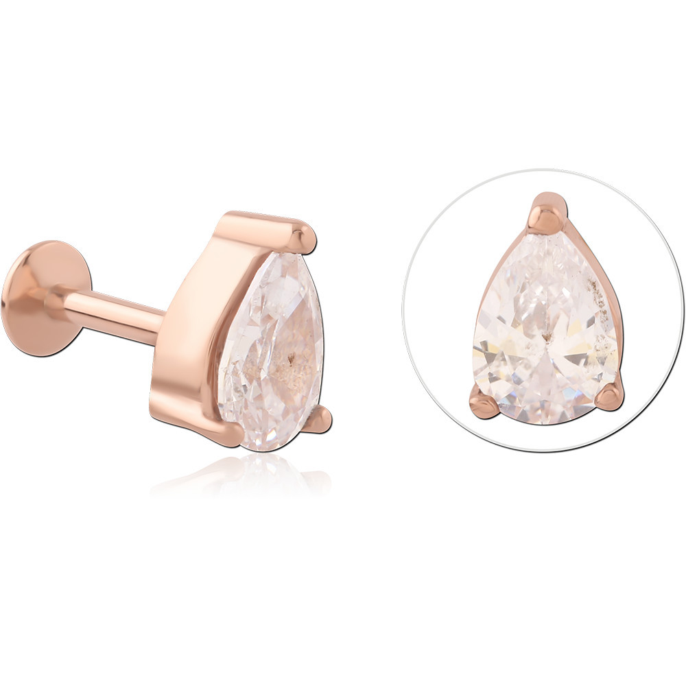316L ROSE GOLD PVD COATED SURGICAL STEEL INTERNAL LABRET PEAR CUT GEM