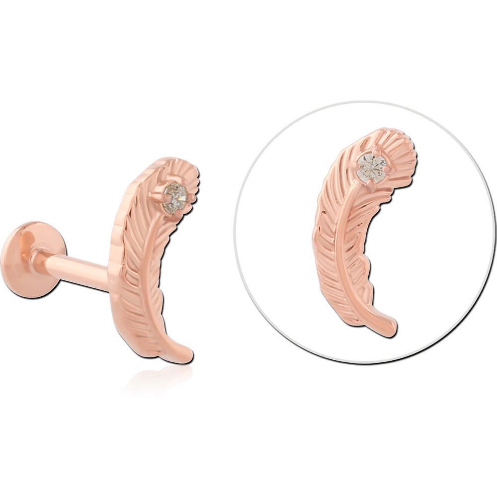 ROSE GOLD PVD COATED SURGICAL STEEL INTERNAL LABRET FEATHER WITH GEM