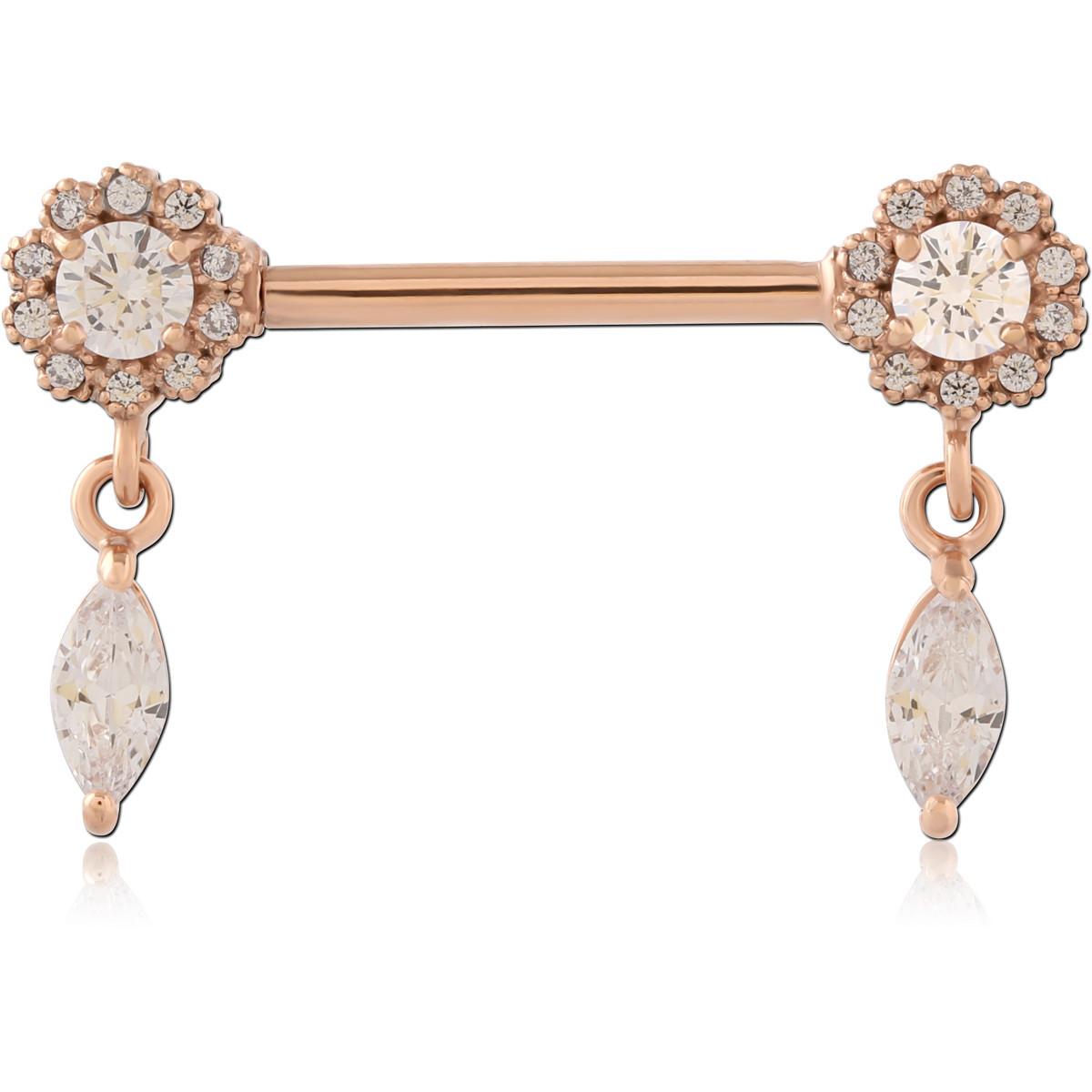 316L ROSE GOLD PVD COATED SURGICAL STEEL NIPPLE BARBELL HALO CLUSTER ENDS WITH MARQUISE GEM CHARMS