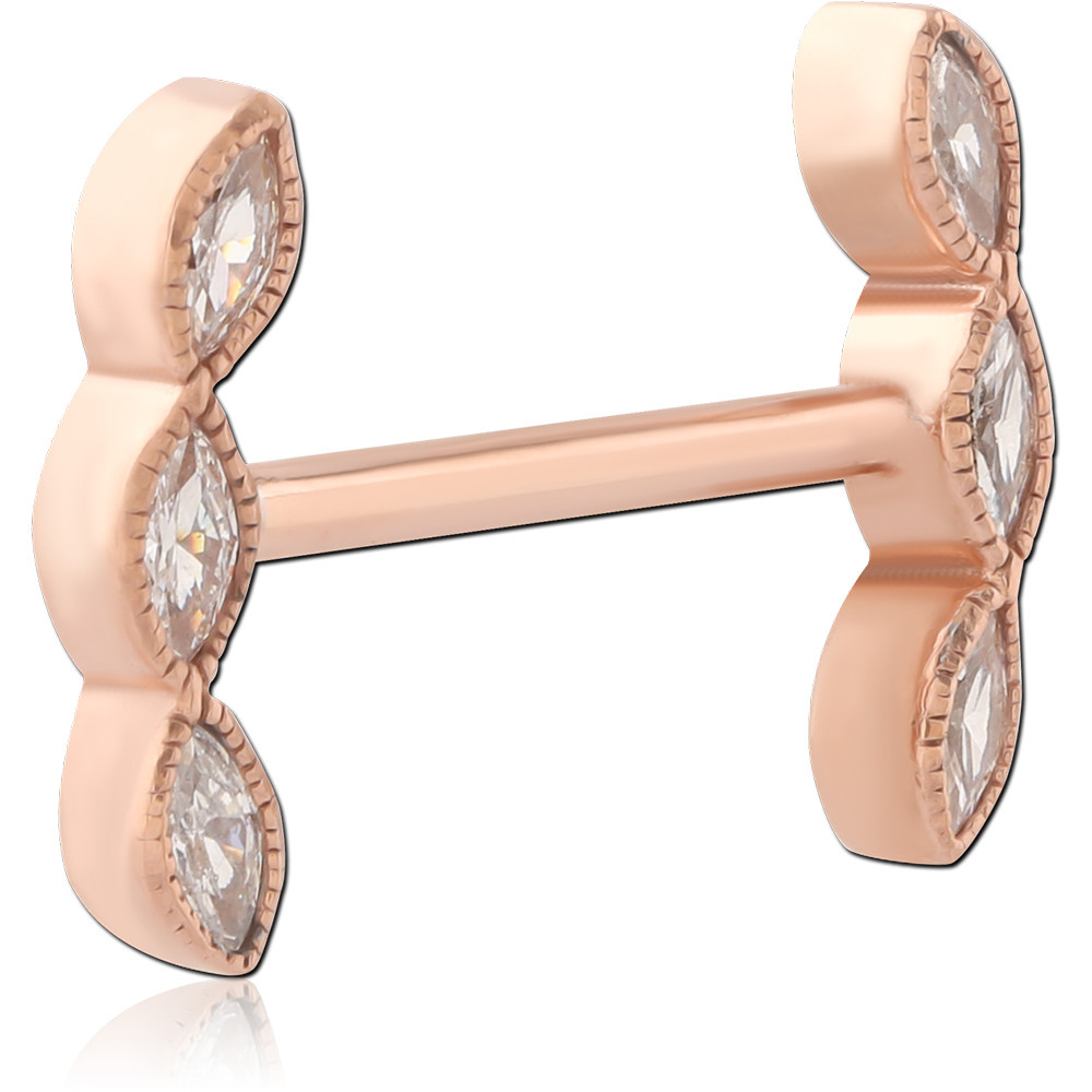 316L ROSE GOLD PVD COATED SURGICAL STEEL INTERNAL NIPPLE BARBELL TRIPLE MARQUISE GEM CLUSTER ENDS
