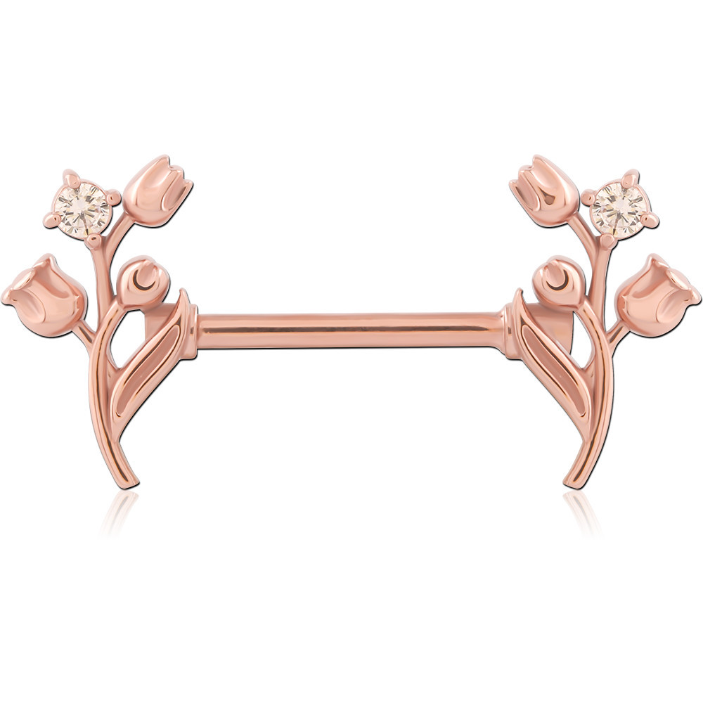 316L ROSE GOLD PVD COATED SURGICAL STEEL INTERNAL NIPPLE BARBELL TULIP STEMS WITH GEM ACCENTS