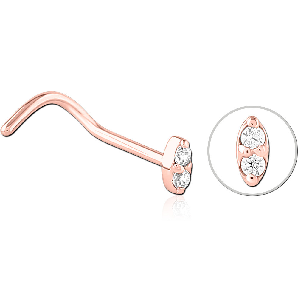 316L ROSE GOLD PVD COATED SURGICAL STEEL CURVED NOSE STUD MARQUISE TRIPLE GEM