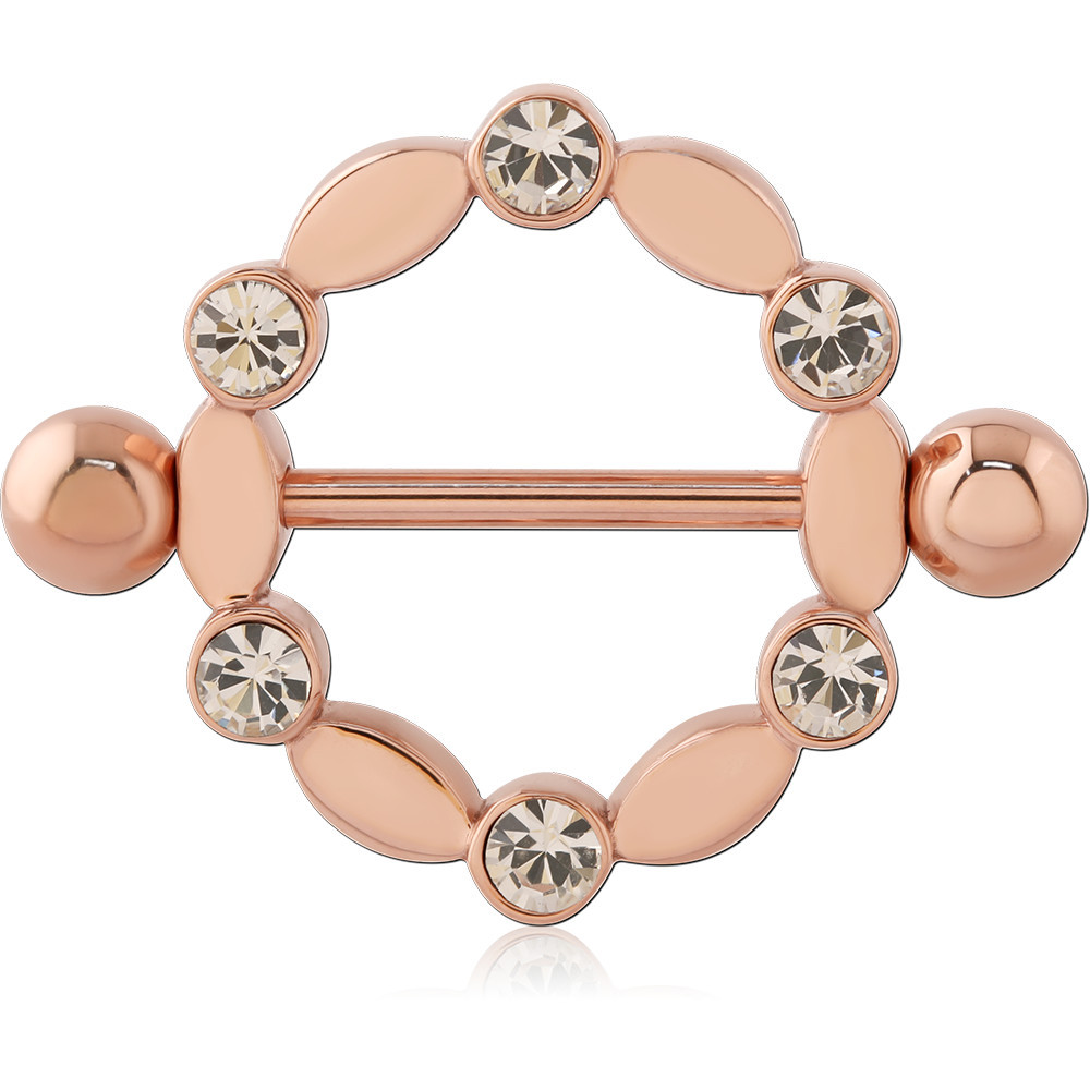 316L ROSE GOLD PVD COATED SURGICAL STEEL JEWELED NIPPLE BARBELL
